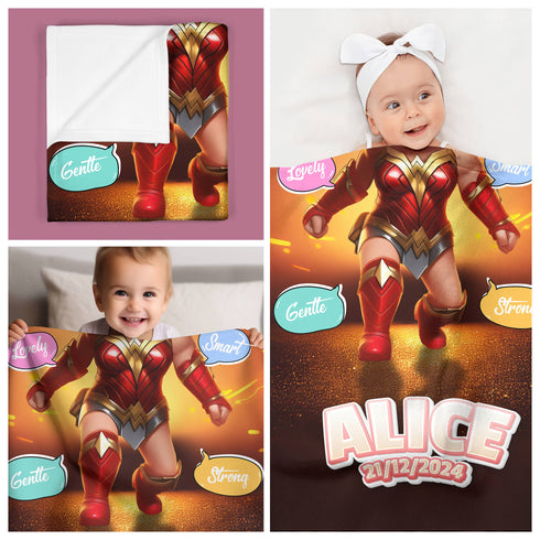 Personalized Baby Superhero Blanket – Wonder Girl Style with Custom Name, Date & Background Options